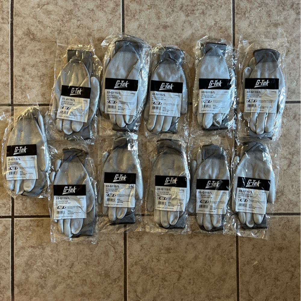 Lot of 11 Pairs G-Tek Pip Polyester Gloves Gray Polyurethane Grip L 33-G115/L